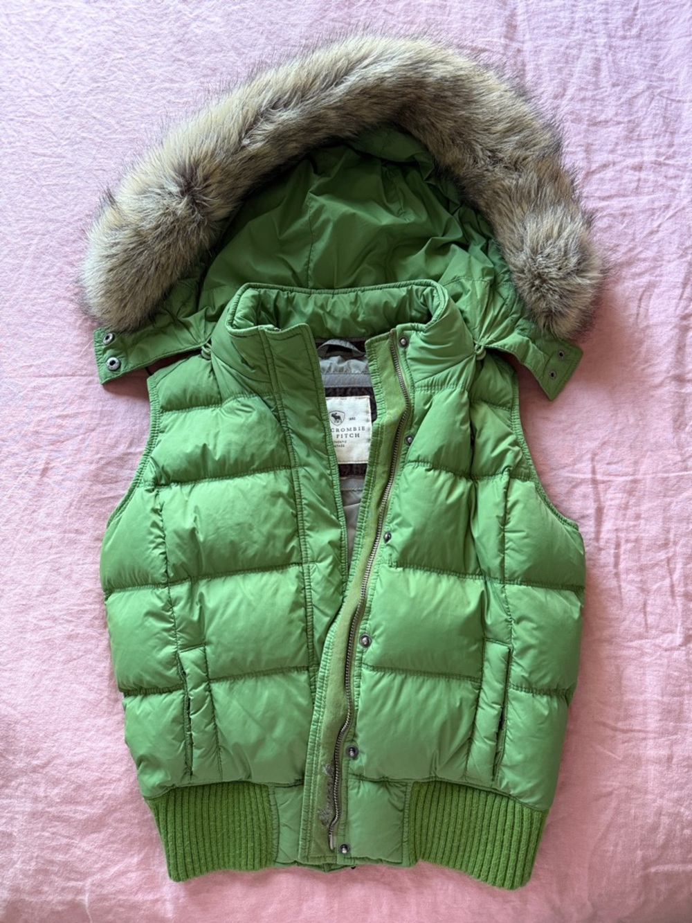 Vintage Cropped Abercrombie & Fitch Green Quilted Puffer Vest with Fur Hood